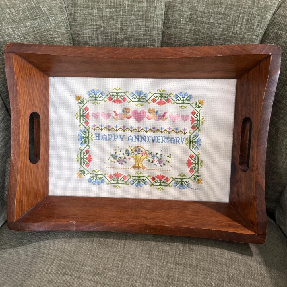 Vintage 1984 Wooden Serving Tray Cross Stitch Happy Anniversary Grandmacore